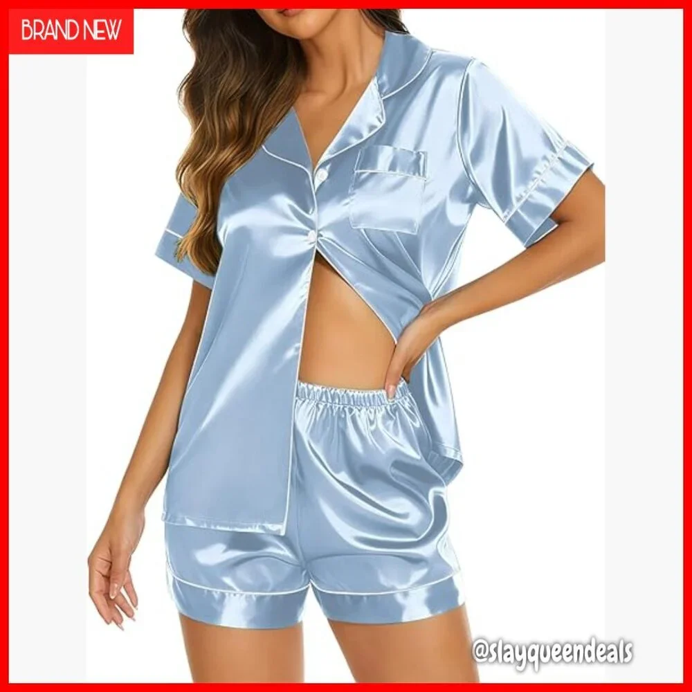 Silk Satin Pajama Set Short Sleeve Button Down Lounge Sleepwear